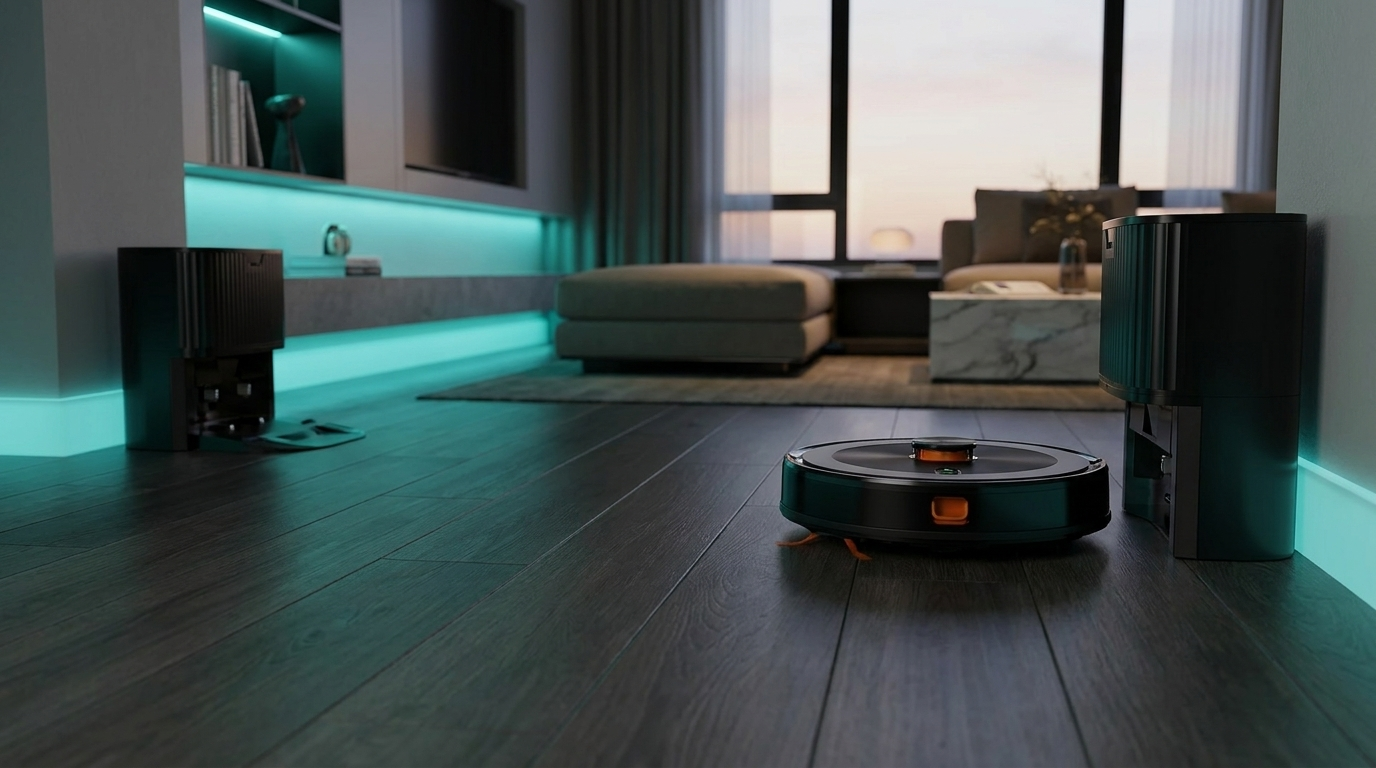 Robot vacuum cleaning a modern living room